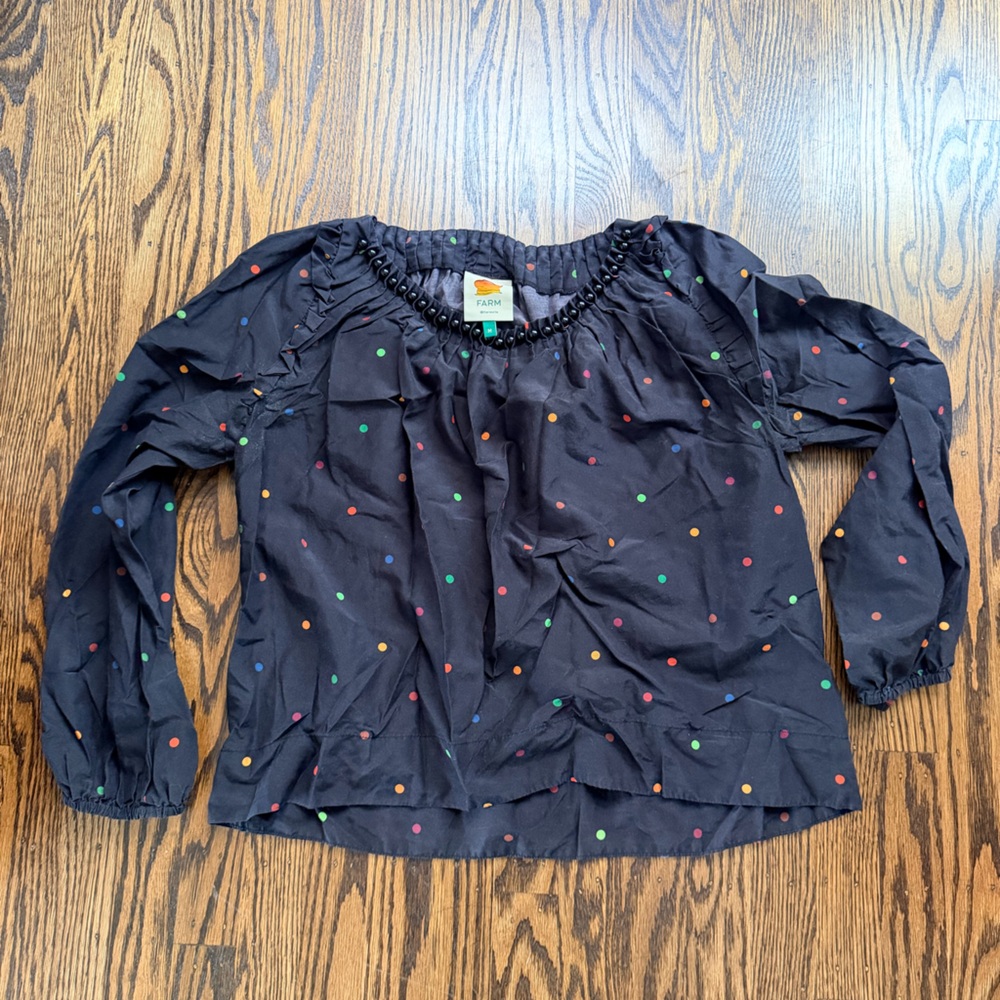FARM Rio Black Dots Blouse size Medium with beaded neckline Cotton Silk Blend